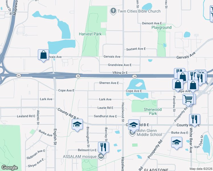 map of restaurants, bars, coffee shops, grocery stores, and more near 1494 Sherren Avenue East in Maplewood