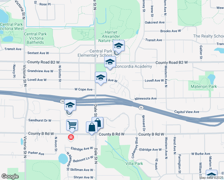 map of restaurants, bars, coffee shops, grocery stores, and more near 546 Lovell Avenue West in Roseville