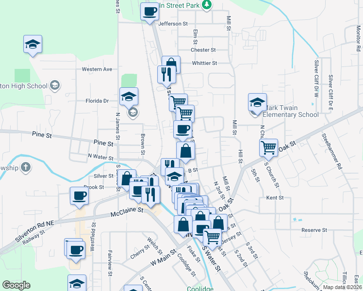 map of restaurants, bars, coffee shops, grocery stores, and more near 806 North 1st Street in Silverton