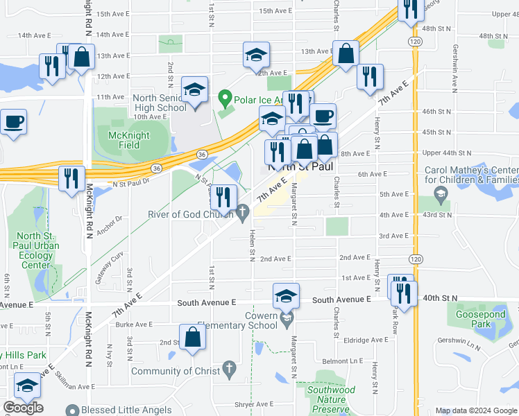 map of restaurants, bars, coffee shops, grocery stores, and more near 2500 7th Avenue East in North St. Paul