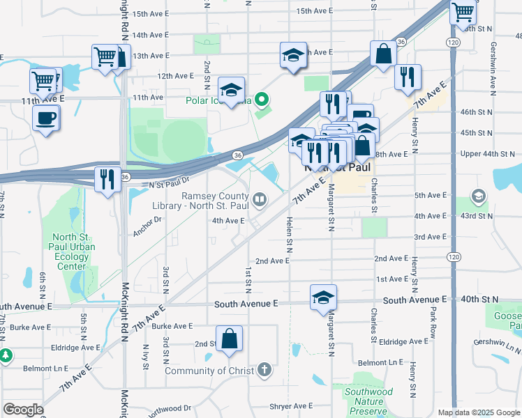 map of restaurants, bars, coffee shops, grocery stores, and more near 2500 7th Avenue East in North Saint Paul