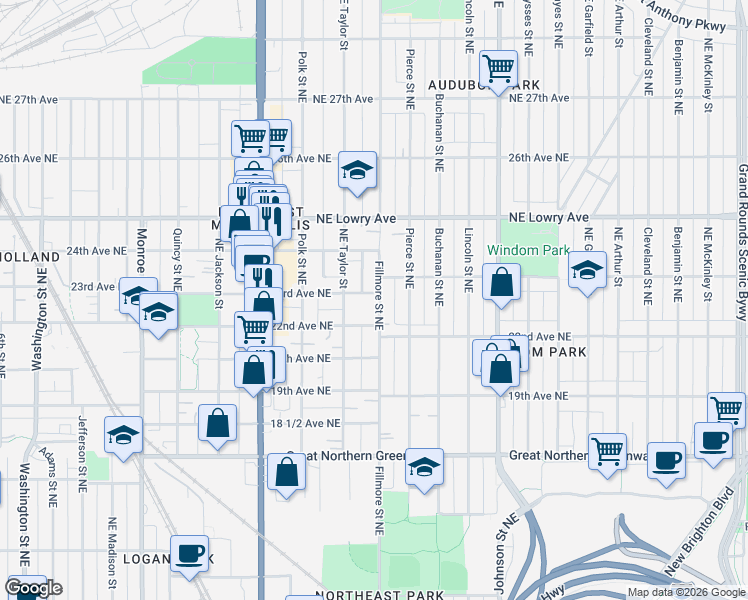 map of restaurants, bars, coffee shops, grocery stores, and more near 1114 23rd Avenue Northeast in Minneapolis