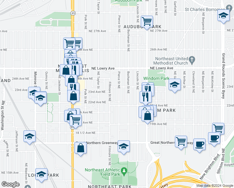 map of restaurants, bars, coffee shops, grocery stores, and more near 2236 Pierce Street Northeast in Minneapolis
