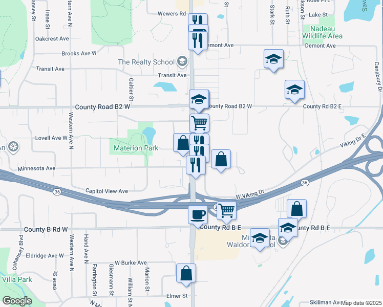 map of restaurants, bars, coffee shops, grocery stores, and more near 1512 Woodbridge Street in Saint Paul