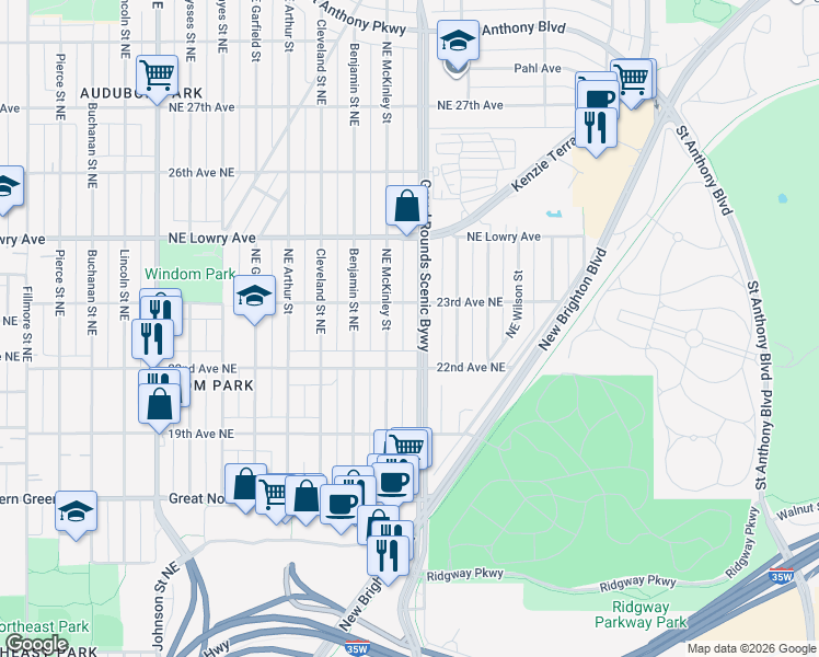 map of restaurants, bars, coffee shops, grocery stores, and more near 2227 Northeast McKinley Street in Minneapolis