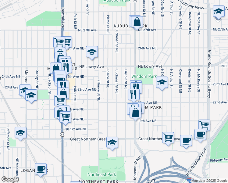 map of restaurants, bars, coffee shops, grocery stores, and more near 2222 Buchanan Street Northeast in Minneapolis