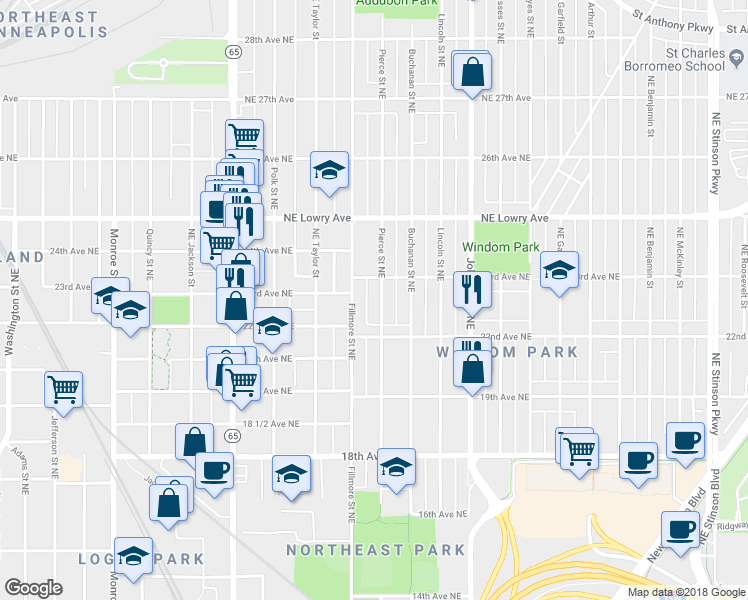 map of restaurants, bars, coffee shops, grocery stores, and more near 2228 Pierce Street Northeast in Minneapolis