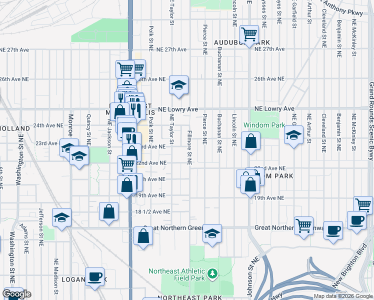 map of restaurants, bars, coffee shops, grocery stores, and more near 1114 23rd Avenue Northeast in Minneapolis