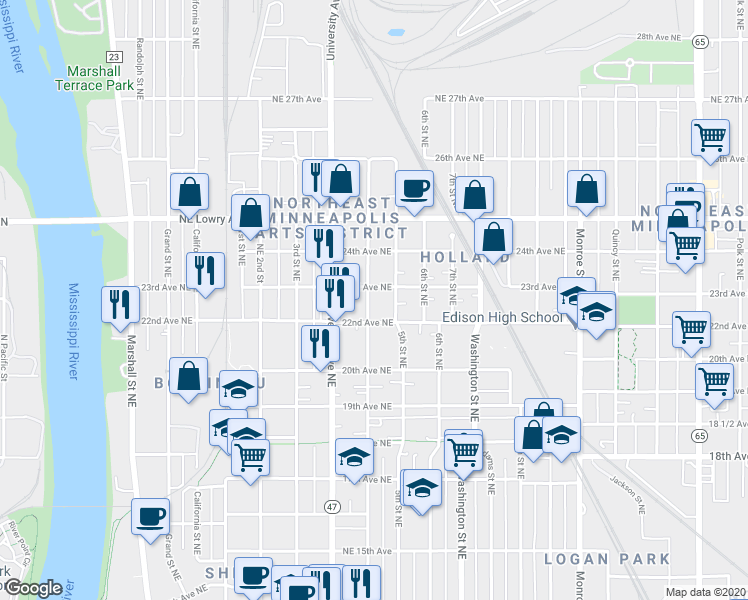 map of restaurants, bars, coffee shops, grocery stores, and more near 2213 4th Street Northeast in Minneapolis