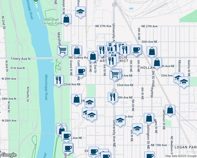 map of restaurants, bars, coffee shops, grocery stores, and more near 213 22nd Avenue Northeast in Minneapolis