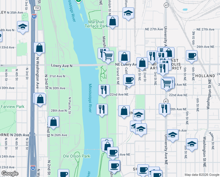 map of restaurants, bars, coffee shops, grocery stores, and more near 2205 Marshall Street Northeast in Minneapolis
