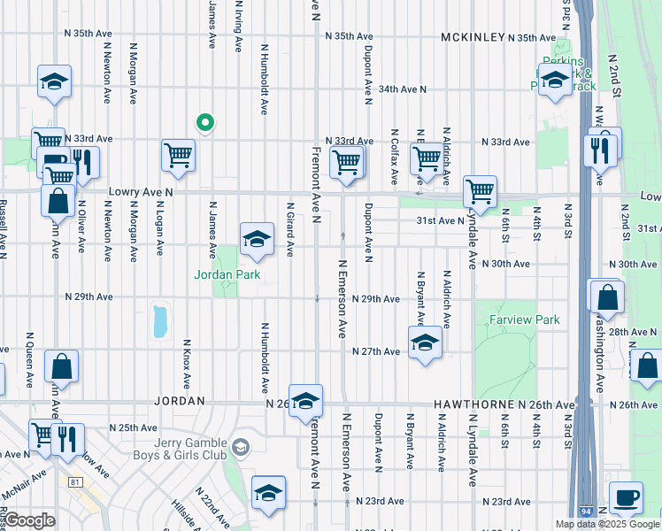 map of restaurants, bars, coffee shops, grocery stores, and more near 2929 Emerson Avenue North in Minneapolis