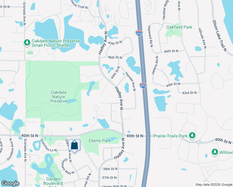 map of restaurants, bars, coffee shops, grocery stores, and more near 4334 Hadley Avenue North in Oakdale