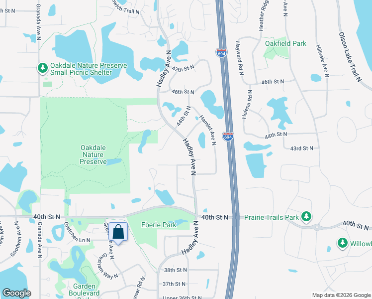 map of restaurants, bars, coffee shops, grocery stores, and more near 4334 Hadley Avenue North in Oakdale