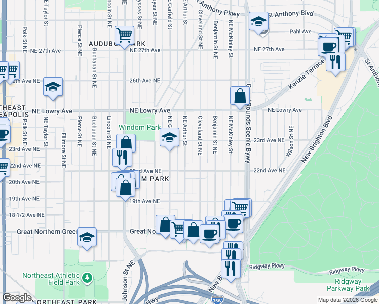 map of restaurants, bars, coffee shops, grocery stores, and more near 2226 Northeast Cleveland Street in Minneapolis