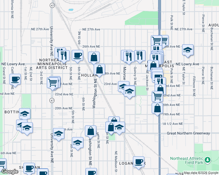 map of restaurants, bars, coffee shops, grocery stores, and more near 2212 Northeast Madison Street in Minneapolis