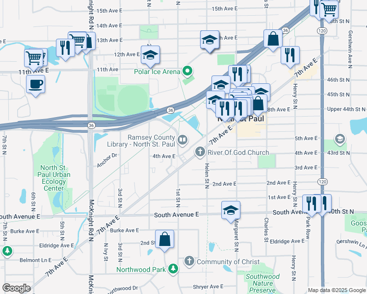map of restaurants, bars, coffee shops, grocery stores, and more near 2290 1st Street North in Saint Paul