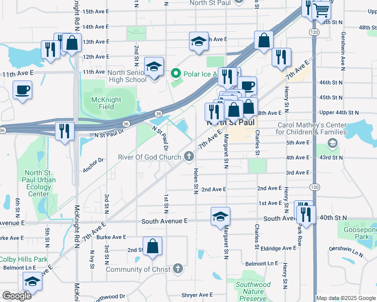 map of restaurants, bars, coffee shops, grocery stores, and more near 2497 7th Avenue East in North Saint Paul