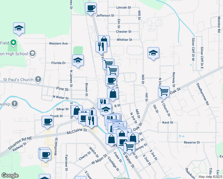 map of restaurants, bars, coffee shops, grocery stores, and more near 806 North 1st Street in Silverton