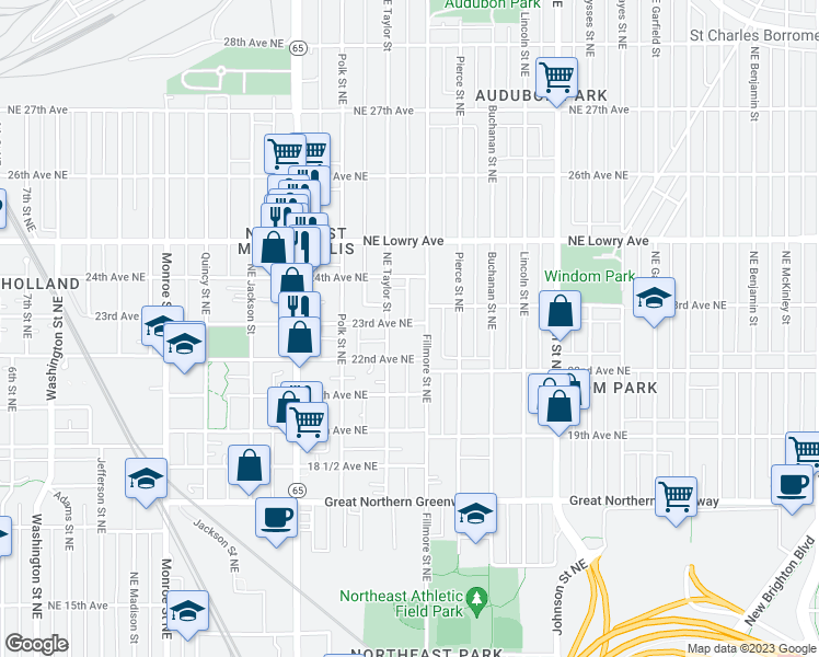 map of restaurants, bars, coffee shops, grocery stores, and more near 1114 23rd Avenue Northeast in Minneapolis