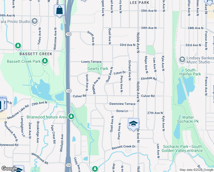 map of restaurants, bars, coffee shops, grocery stores, and more near 2936 Quail Avenue North in Golden Valley