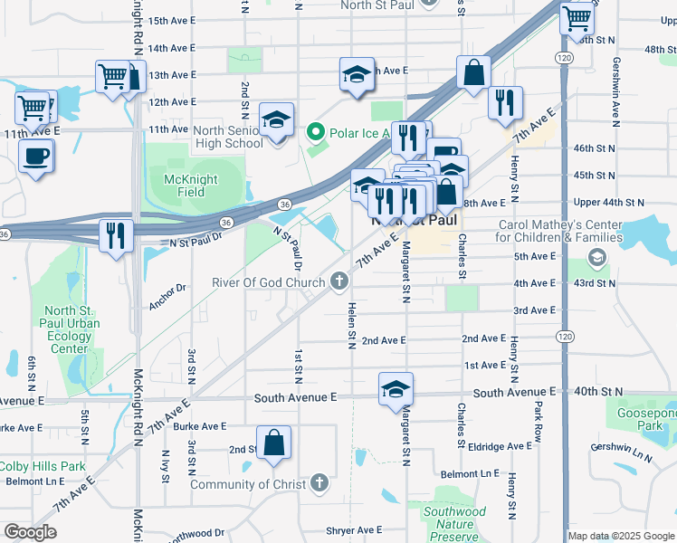 map of restaurants, bars, coffee shops, grocery stores, and more near 2497 7th Avenue East in North Saint Paul