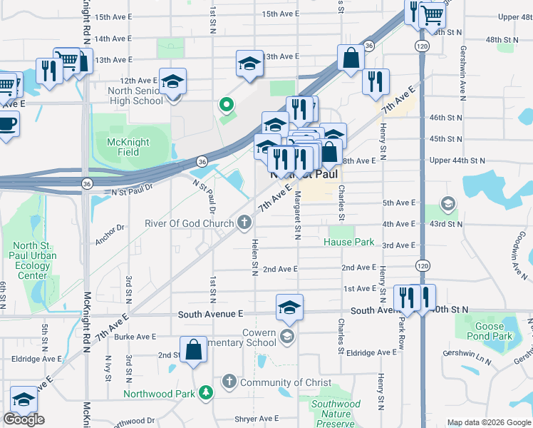 map of restaurants, bars, coffee shops, grocery stores, and more near 2523 4th Avenue East in North Saint Paul