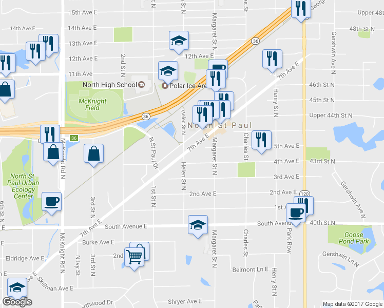 map of restaurants, bars, coffee shops, grocery stores, and more near 2506 7th Avenue East in Saint Paul