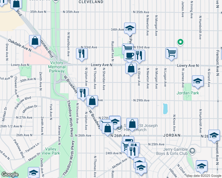 map of restaurants, bars, coffee shops, grocery stores, and more near 2930 Russell Avenue North in Minneapolis