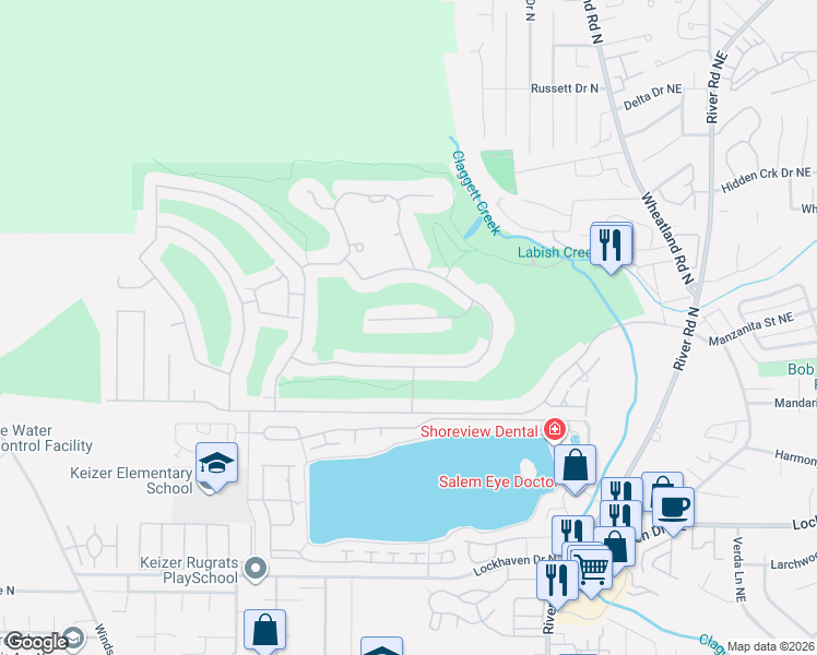 map of restaurants, bars, coffee shops, grocery stores, and more near 492 Fountain Court North in Keizer