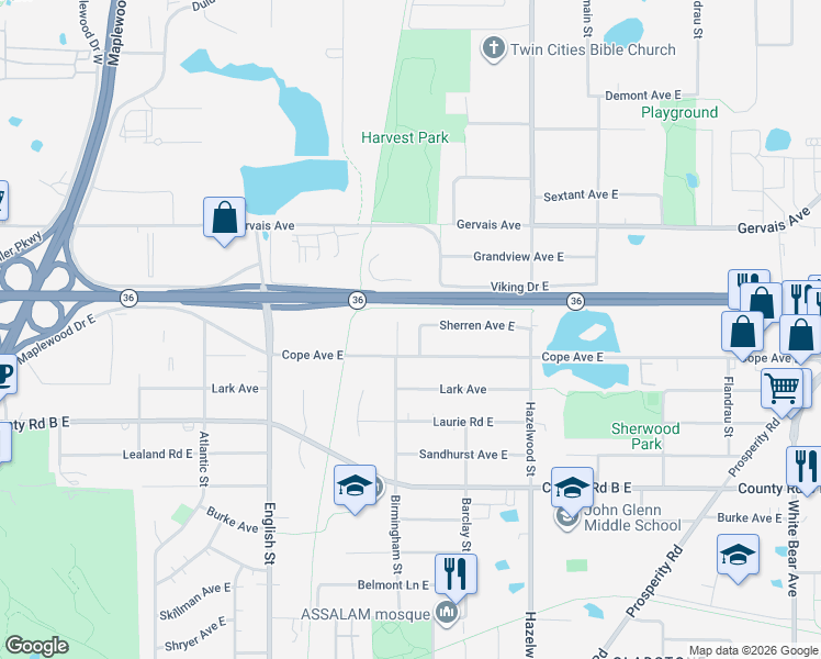 map of restaurants, bars, coffee shops, grocery stores, and more near 2297 Barclay Street in Maplewood
