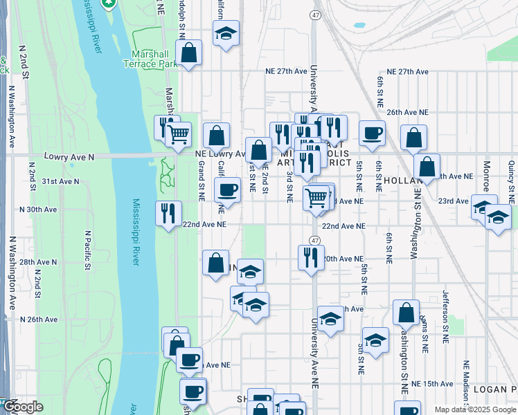 map of restaurants, bars, coffee shops, grocery stores, and more near 111 22nd Avenue Northeast in Minneapolis