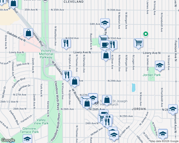 map of restaurants, bars, coffee shops, grocery stores, and more near 2930 Russell Avenue North in Minneapolis