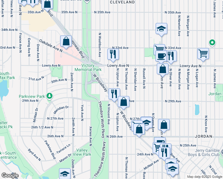 map of restaurants, bars, coffee shops, grocery stores, and more near 2931 North Upton Avenue in Minneapolis