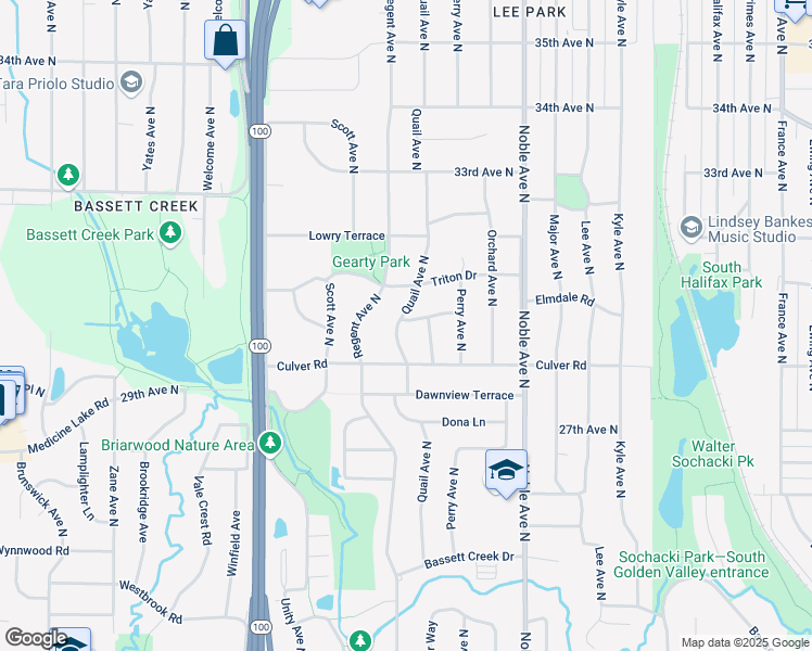 map of restaurants, bars, coffee shops, grocery stores, and more near 2936 Quail Avenue North in Golden Valley