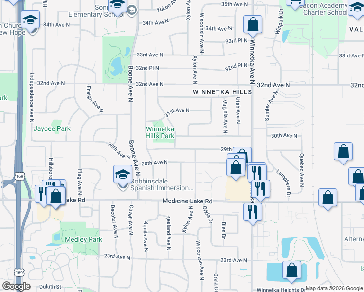map of restaurants, bars, coffee shops, grocery stores, and more near 8409 29th Avenue North in Minneapolis