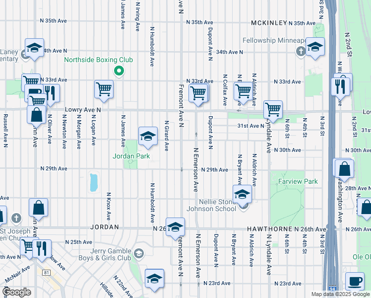 map of restaurants, bars, coffee shops, grocery stores, and more near 2929 Emerson Avenue North in Minneapolis