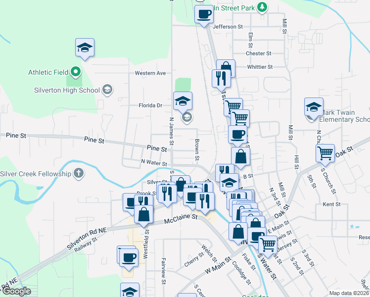 map of restaurants, bars, coffee shops, grocery stores, and more near 820 Pine Street in Silverton