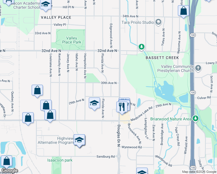 map of restaurants, bars, coffee shops, grocery stores, and more near 2917 Edgewood Avenue North in Minneapolis