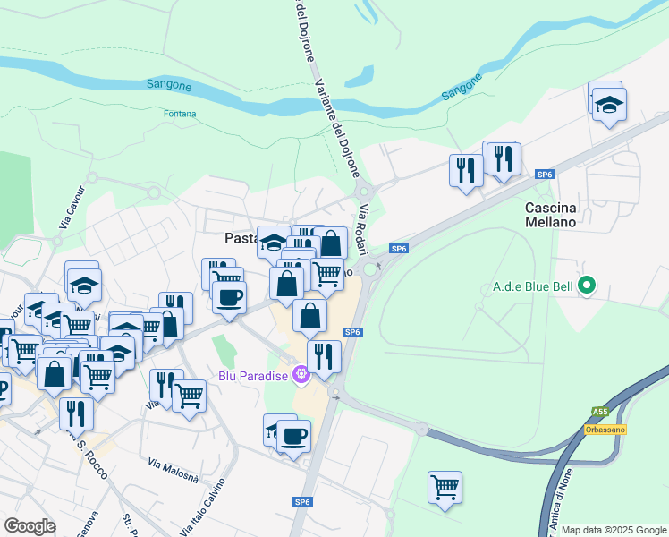 map of restaurants, bars, coffee shops, grocery stores, and more near 95 Strada Torino in Pasta