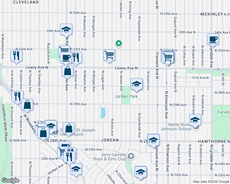 map of restaurants, bars, coffee shops, grocery stores, and more near 2930 North Knox Avenue in Minneapolis