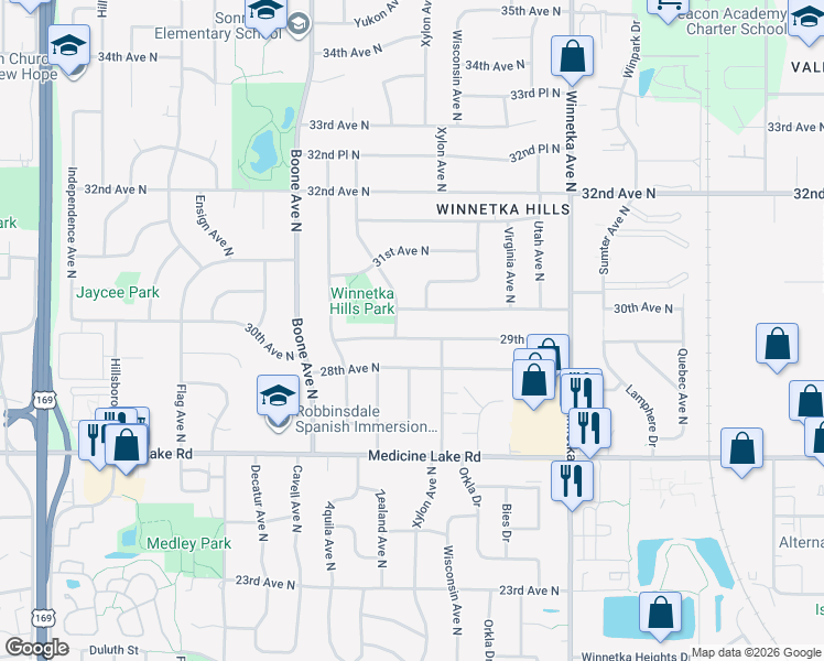 map of restaurants, bars, coffee shops, grocery stores, and more near 8409 29th Avenue North in Minneapolis