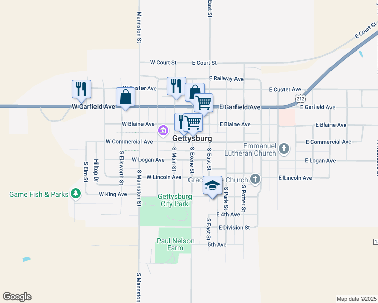 map of restaurants, bars, coffee shops, grocery stores, and more near 101-199 S Exene St in Gettysburg
