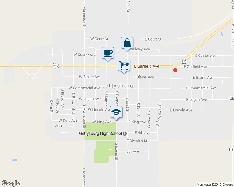 map of restaurants, bars, coffee shops, grocery stores, and more near 101 South Exene Street in Gettysburg