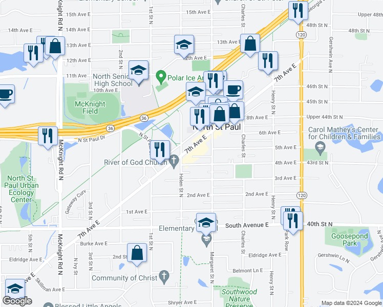 map of restaurants, bars, coffee shops, grocery stores, and more near 2523 4th Avenue East in North Saint Paul