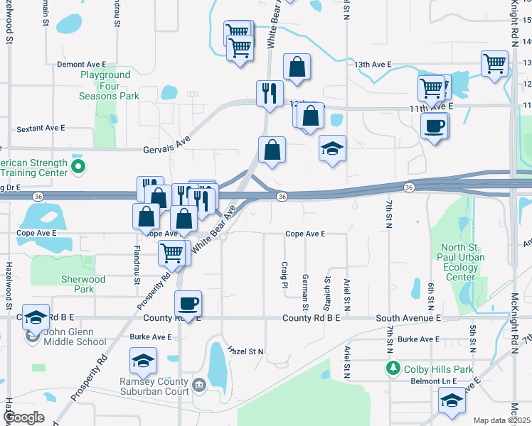 map of restaurants, bars, coffee shops, grocery stores, and more near 1917 Cope Avenue East in Maplewood