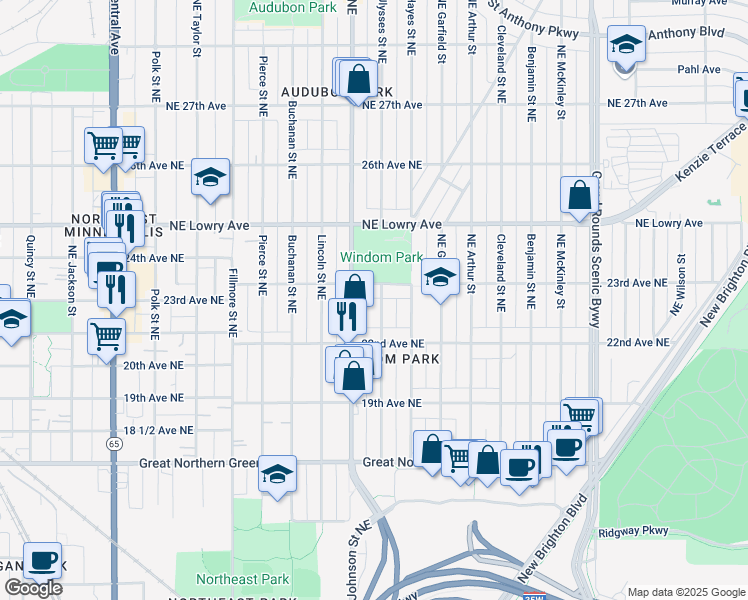 map of restaurants, bars, coffee shops, grocery stores, and more near 2227 Ulysses Street Northeast in Minneapolis