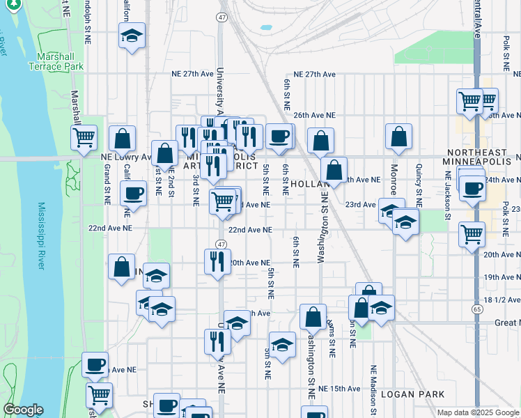 map of restaurants, bars, coffee shops, grocery stores, and more near 2213 4th Street Northeast in Minneapolis