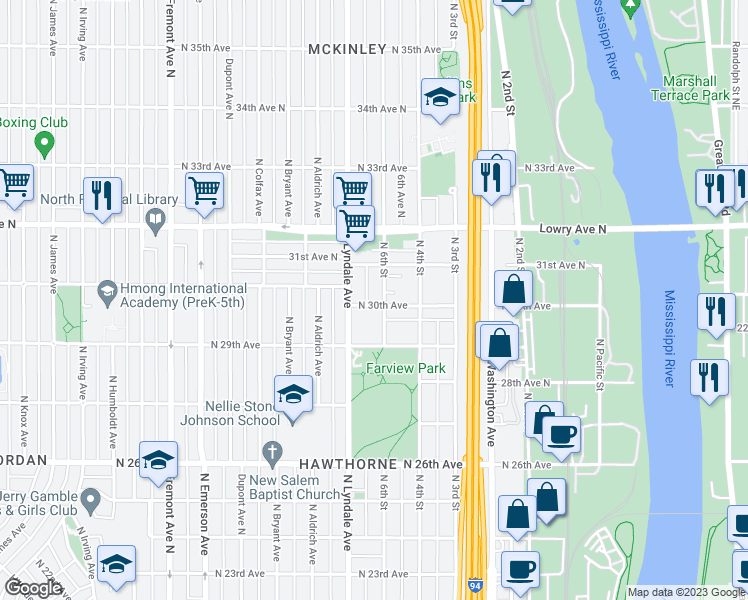 map of restaurants, bars, coffee shops, grocery stores, and more near 429 North 30th Avenue in Minneapolis