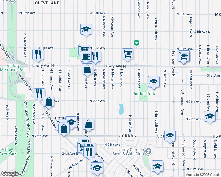 map of restaurants, bars, coffee shops, grocery stores, and more near 2923 North Morgan Avenue in Minneapolis